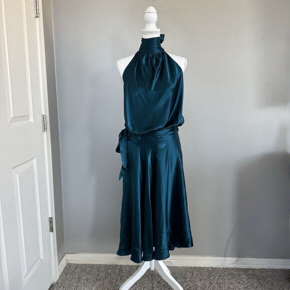 Mason by Michelle Mason Silk Turquoise Wrap Midi Dress 4 Halter Low Back Midi - Picture 1 of 10